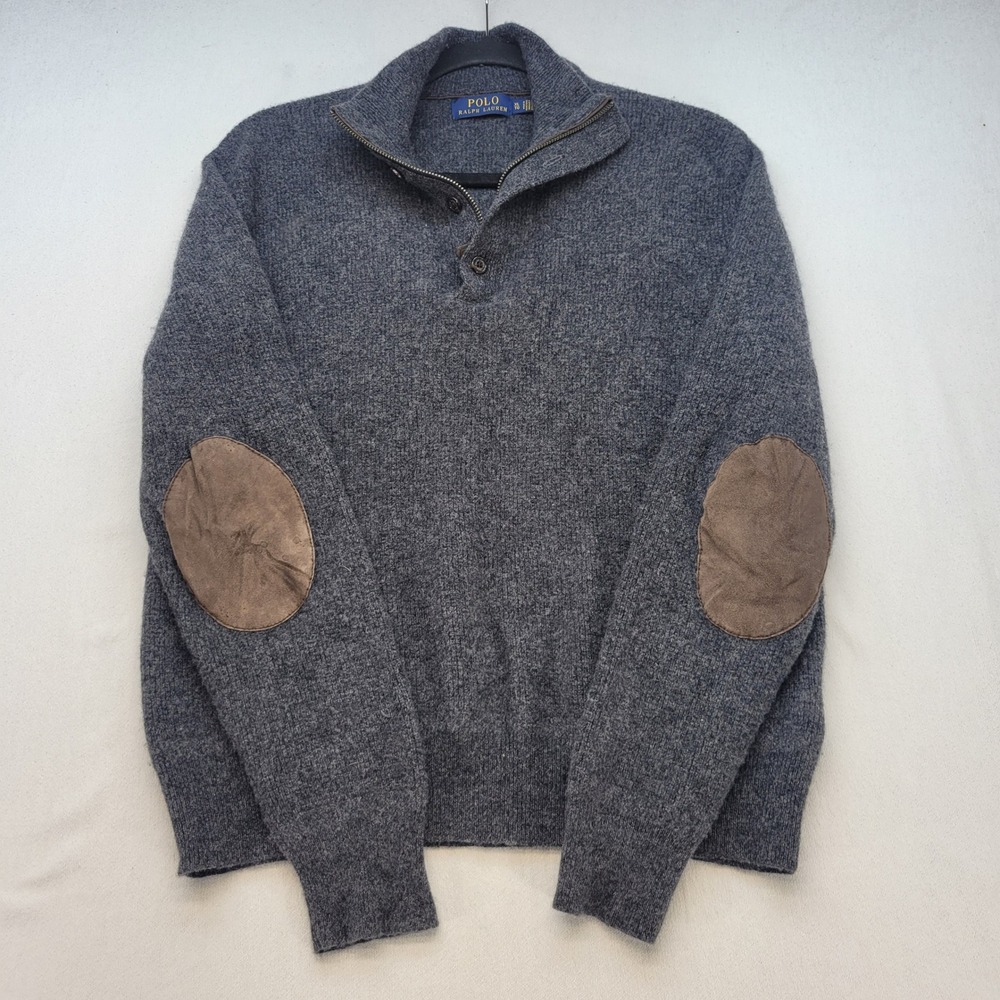 Polo Ralph Lauren Sweater Mens XL Gray Merino Wool Quarter Zip Elbow Patches